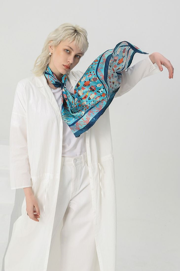 Fish Silk Scarf With Hand Rolled