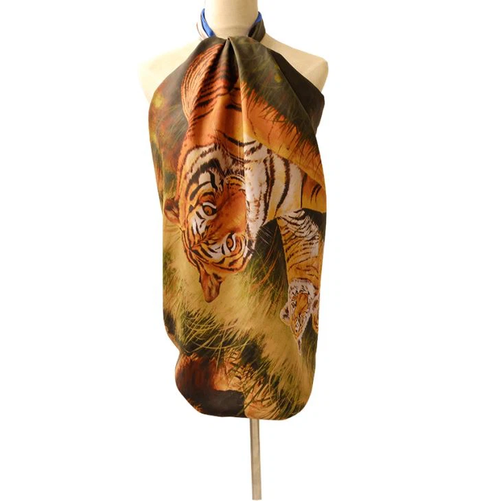Tiger Printed Oversize Satin Silk Scarf